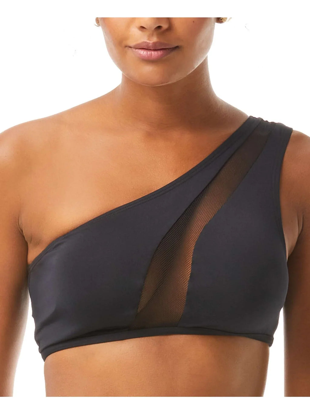 VINCE CAMUTO Women's Black Stretch Lined      Bikini Mesh One Shoulder Swimsuit Top XS