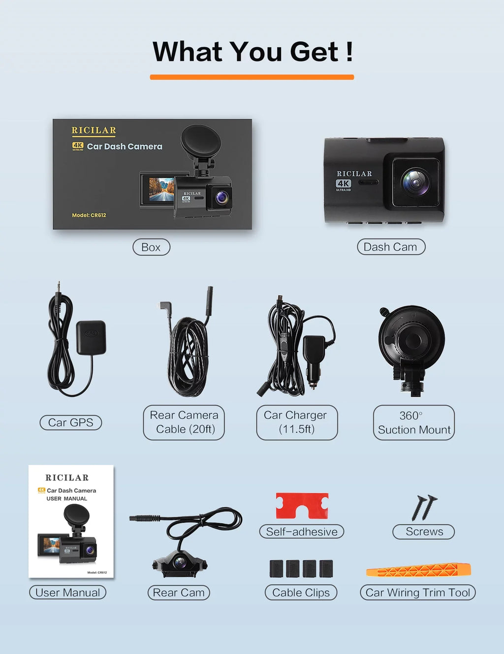 Ricilar Front 4K Rear 2K Full Hd Car Dash Camera with Built in Wifi, Gps, Ultra Hd 2" Ips Screen, 170° and 140° Wide Angle Camera, Wdr, Night Vision, Gravity Sensor, 24 Hour Parking Mode