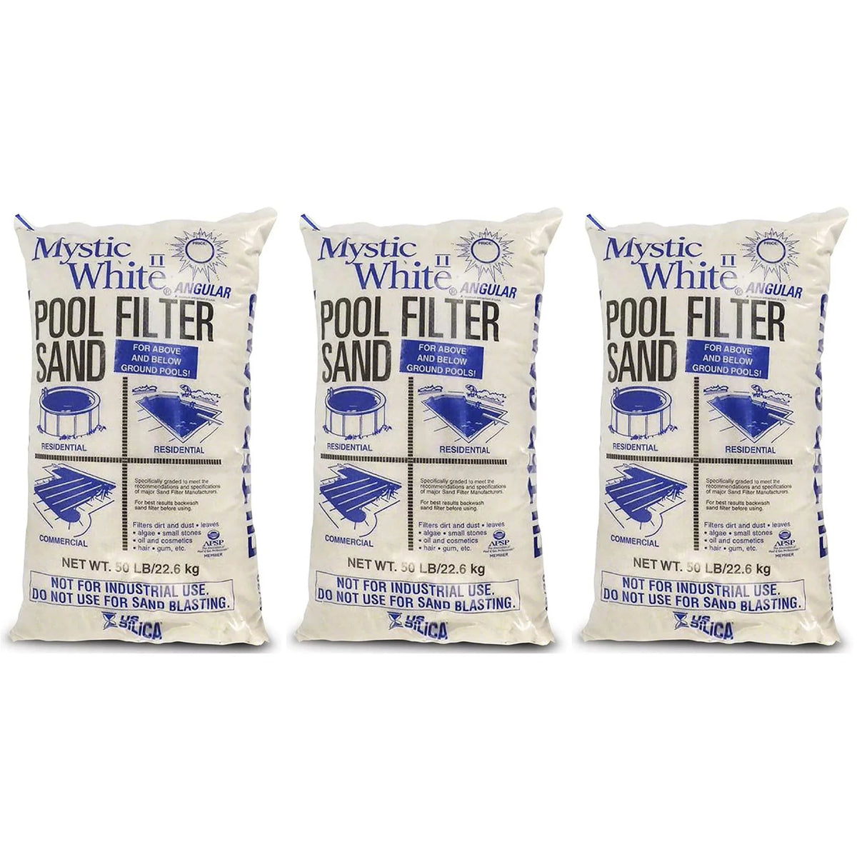 Silica 50lbs Mystic White II Swimming Pool Filter Sand, White (3 Pack). U.S