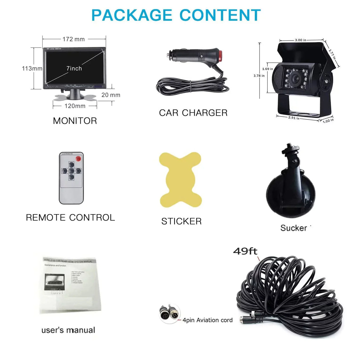 Car Reversing Camera Kit 7" TFT LCD Monitor 12V-24V Night Vision Waterproof RearView  Backup Camera