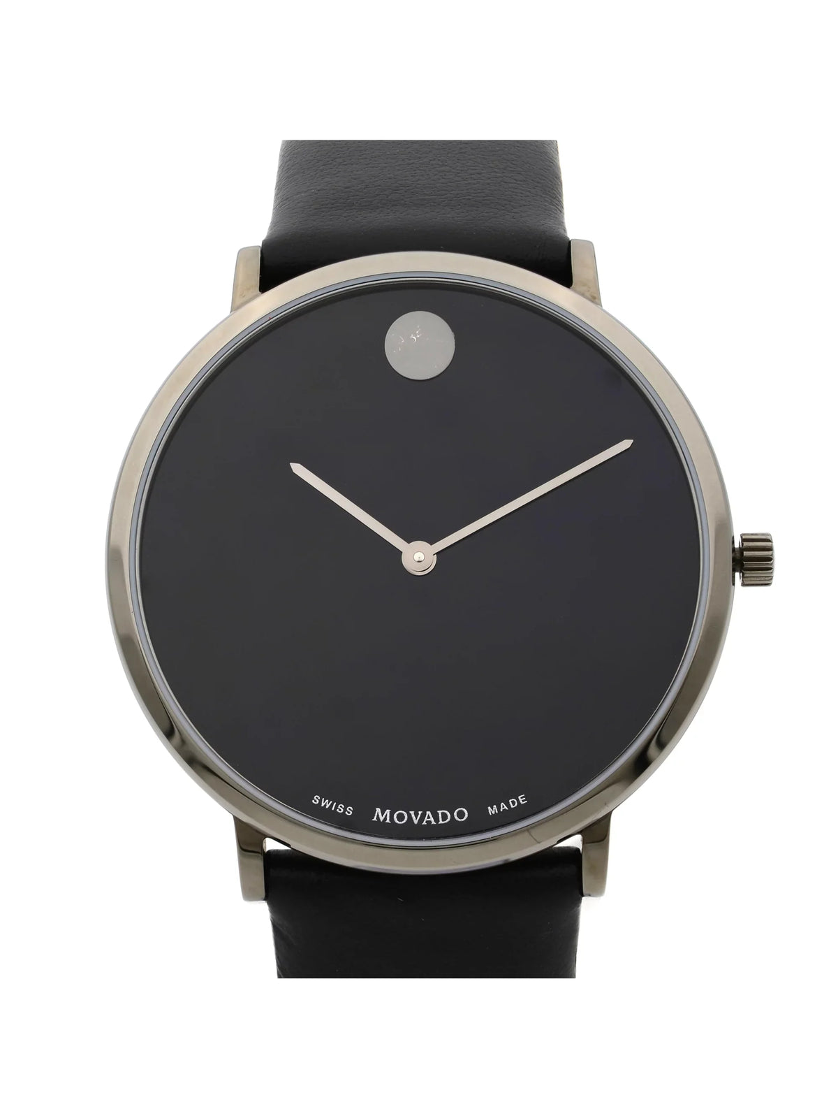 Pre-Owned Movado Modern 47 Ultra Slim Black Leather Strap Quartz Mens Watch 0607391 (Good)