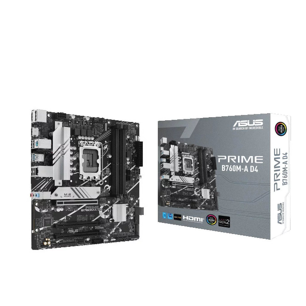 PRIME B760M-A D4  B760 (LGA 1700)(13th and 12th Gen) mATX motherboard, PCIe 4.0, two M.2 slots, Realtek 2.5Gb Ethernet, DisplayPort, Dual HDMI, SATA 6 Gbps, rear USB 3.2 Gen 2, front USB 3