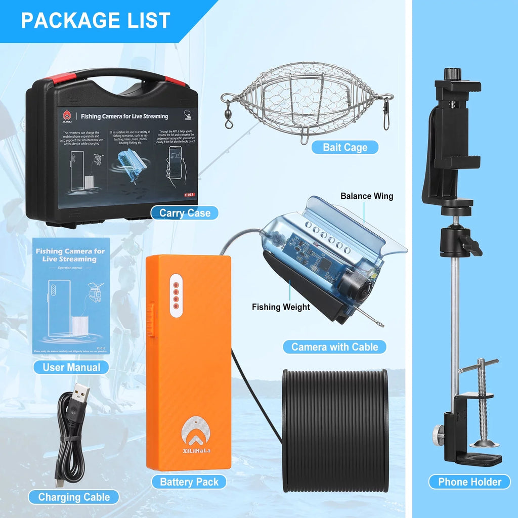 Carevas 1080P Underwater Fishing Camera with APP Control Fishing Live Video Camera Fish Finder with 50M Cable Mobile Phone Holder Bait Cage Carry Case for Ice Lake Sea vessel Kayak Fishing