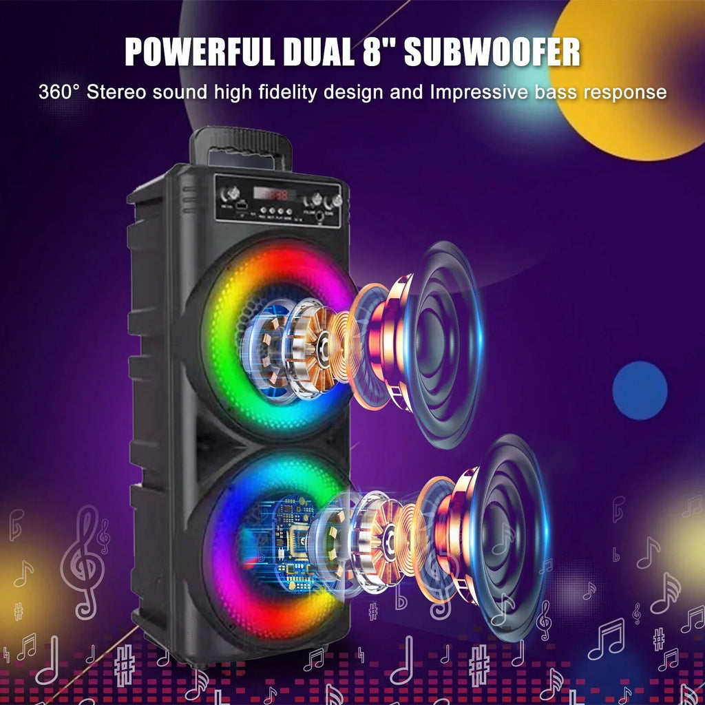 TIANLAIMEI Dual 8-inch Portable Party Bluetooth Speaker 6000W Subwoofer Heavy Bass Loud Sound System Party Speaker & Mic -FM/AUX/MP3/USB