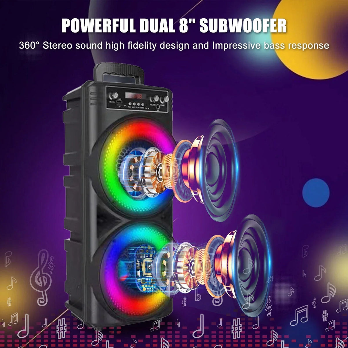 TIANLAIMEI Dual 8-inch Portable Party Bluetooth Speaker 6000W Subwoofer Heavy Bass Loud Sound System Party Speaker & Mic -FM/AUX/MP3/USB