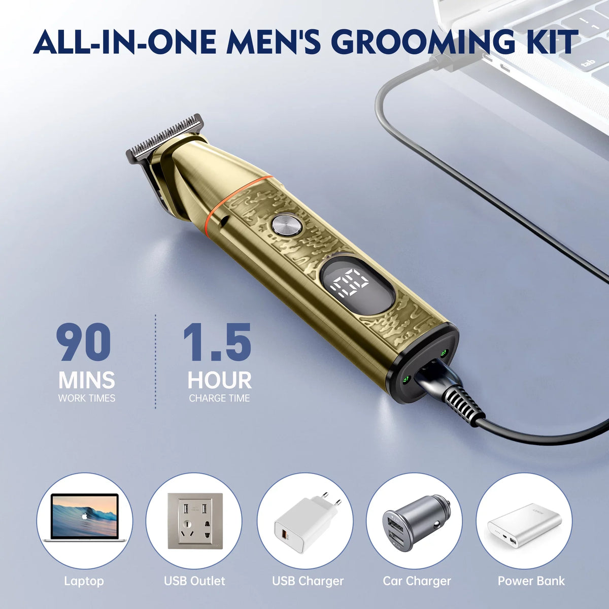 Hair Clippers, 5 IN 1 Cordless Electric Nose Ear Beard Trimmer Facial Body Shaver, Rechargeable Men's Haircut & Grooming Kit with LED Display for Father Husband Boyfriend