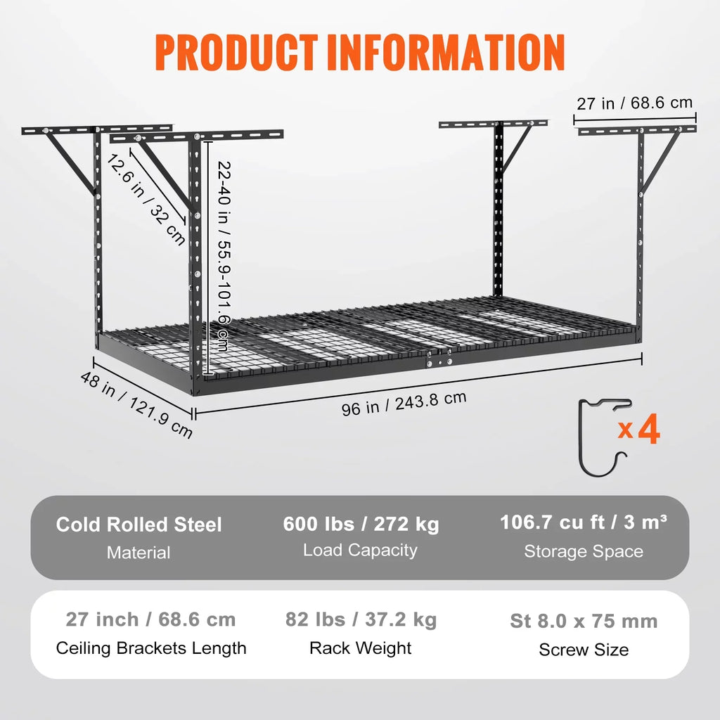 SKYSHALO Overhead Adjustable Garage Storage Rack 48x96" Ceiling Rack 600 lbs Black