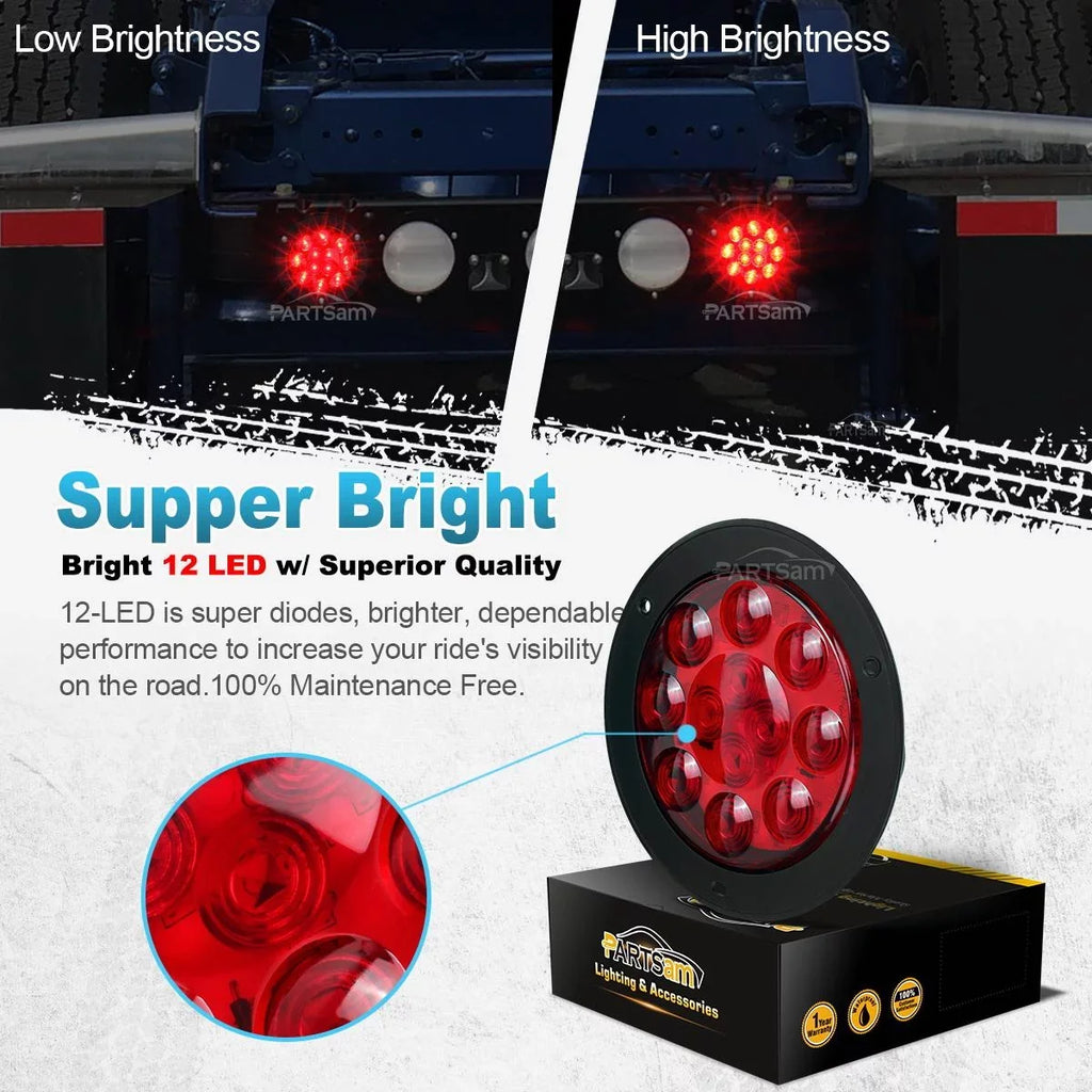Partsam 2PCS 4" Red Stop Turn Tail Brake Truck Trailer Light 12 Diodes Utility