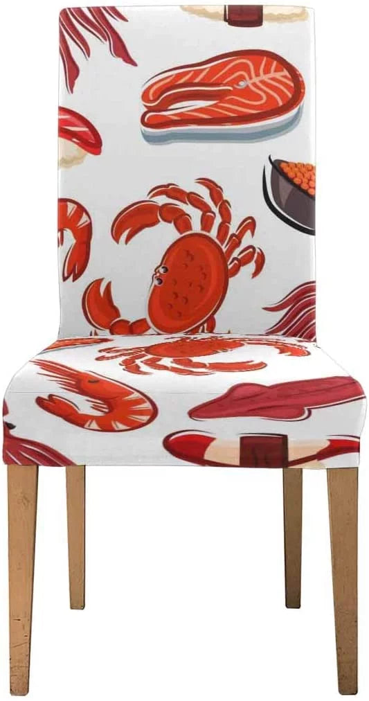 FMSHPON Salmon Steaks Shrimps Crabs Squids Sushi Stretch Chair wrap Protector Seat Slipcover for Dining Room Hotel Wedding Party Set of 4