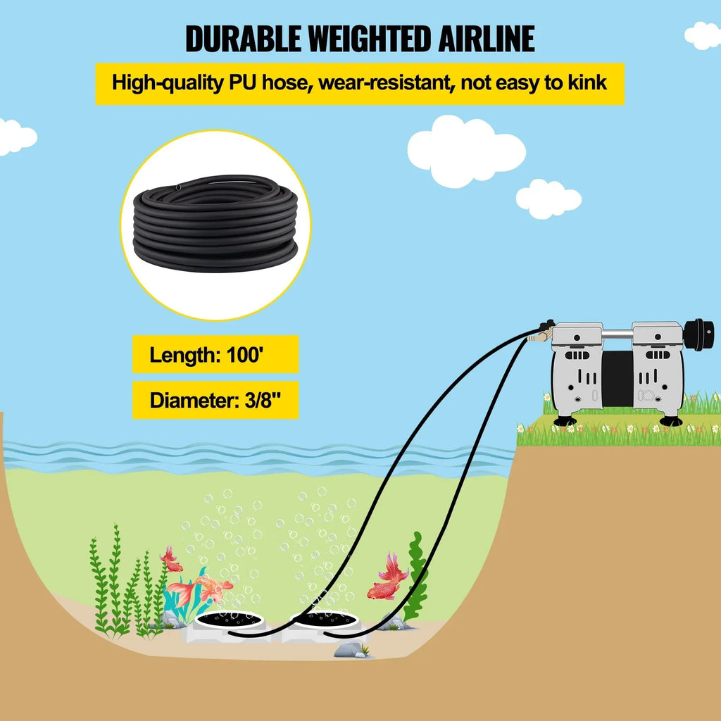 VEVOR 3/4  Pond Aerator for 3 Acres, 4.7 CFM Lake Aeration System with 100' Weighted Tubing & 10" Membrane Diffuser for Deep aqua Aeration