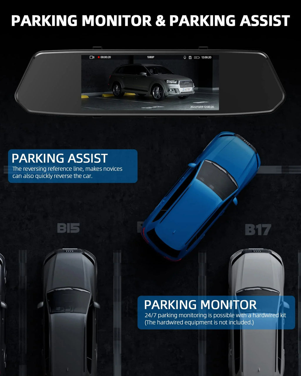 Dash Camera 1080P Mirror Dual Dash Cam Front and Rear, TOGUARD 7" IPS Touch Screen, Infrared Night Vision, Motion Detection, G-Sensor