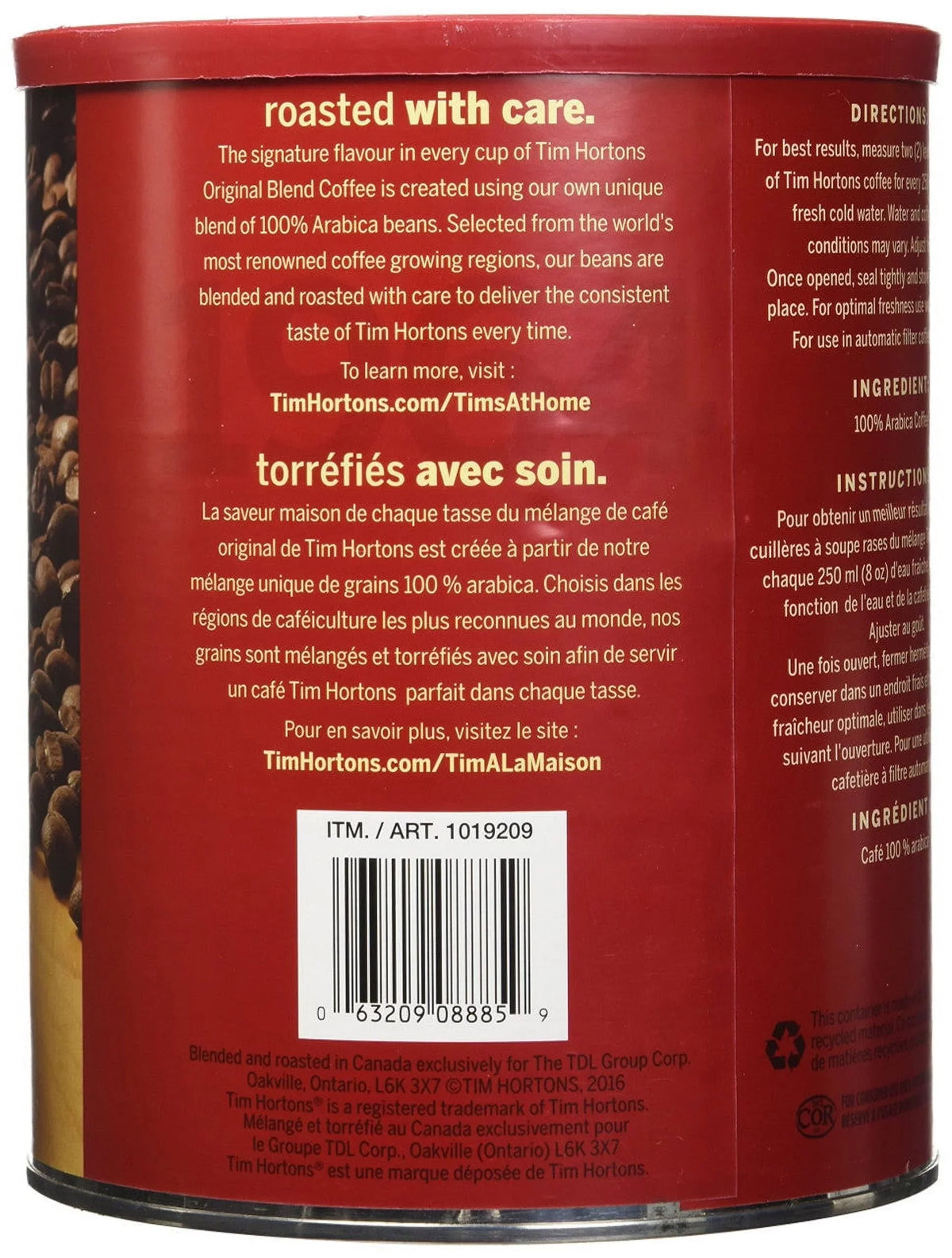 Tim Hortons Coffee, Original Blend,1.36kg/ 48oz., Extra Large Medium Roast Fine Grind 100% Arabica {Imported from Canada}
