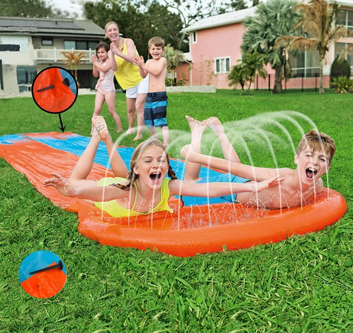 Terra moisture Lawn Slides for Kids & Adults with Double Racer aqua Toy Slide with Splash Sprinkler ,16Ft moisture Slip Summer Toys (Yellow + Blue)