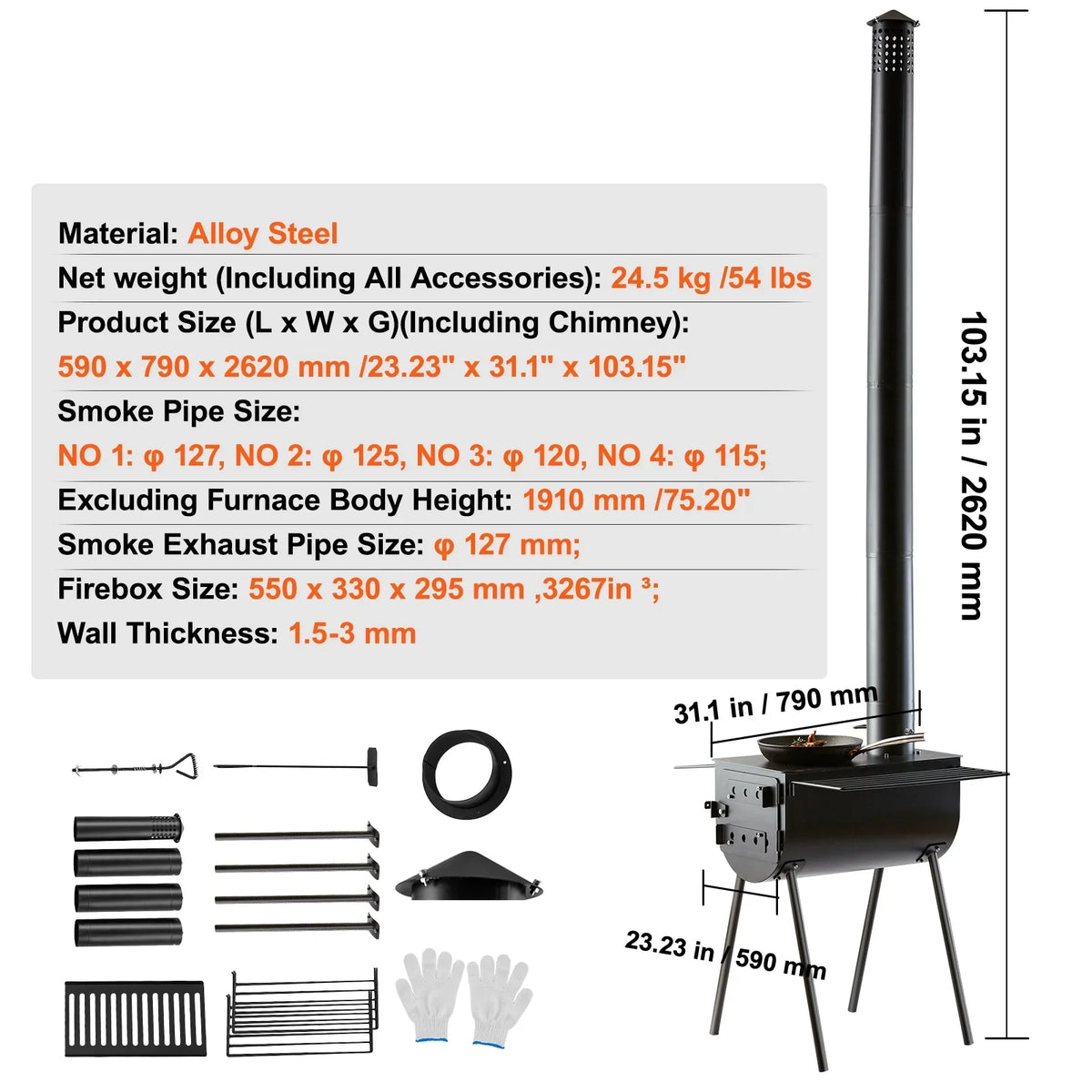 SKYSHALO Portable Wood Stove Camping Hot Tent BBQ Stove 118 in for Outdoor w/ Pipes