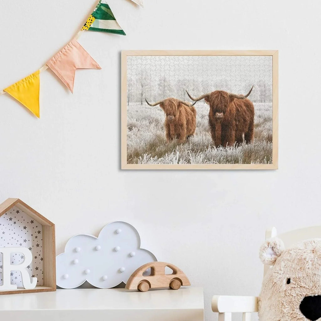 Scottish Highland Cow Jigsaw Puzzle 500 Pieces Wooden Jigsaw Puzzles for Adults, Fun Challenging Brain Exercise Family Game Creative Gift for Friends Parents Grandparents