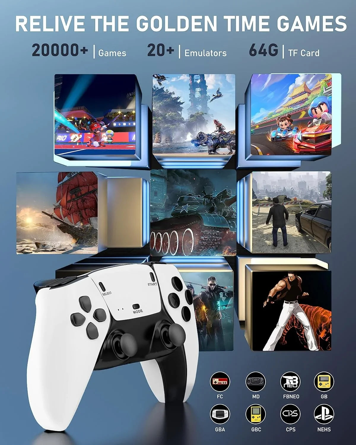 New dual joystick console controller, TV HDMI HD 4K TV console PS1 double play controller, more than 20,000 games, 4K HDMI output and wireless controller relive classic games.