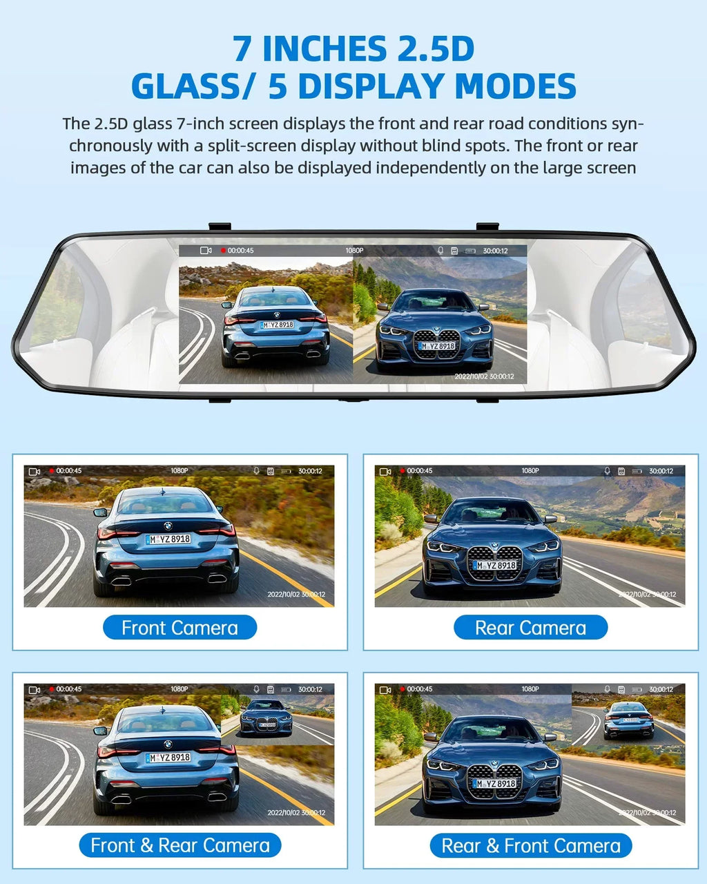 Dash Camera 1080P Mirror Dual Dash Cam Front and Rear, TOGUARD 7" IPS Touch Screen, Infrared Night Vision, Motion Detection, G-Sensor