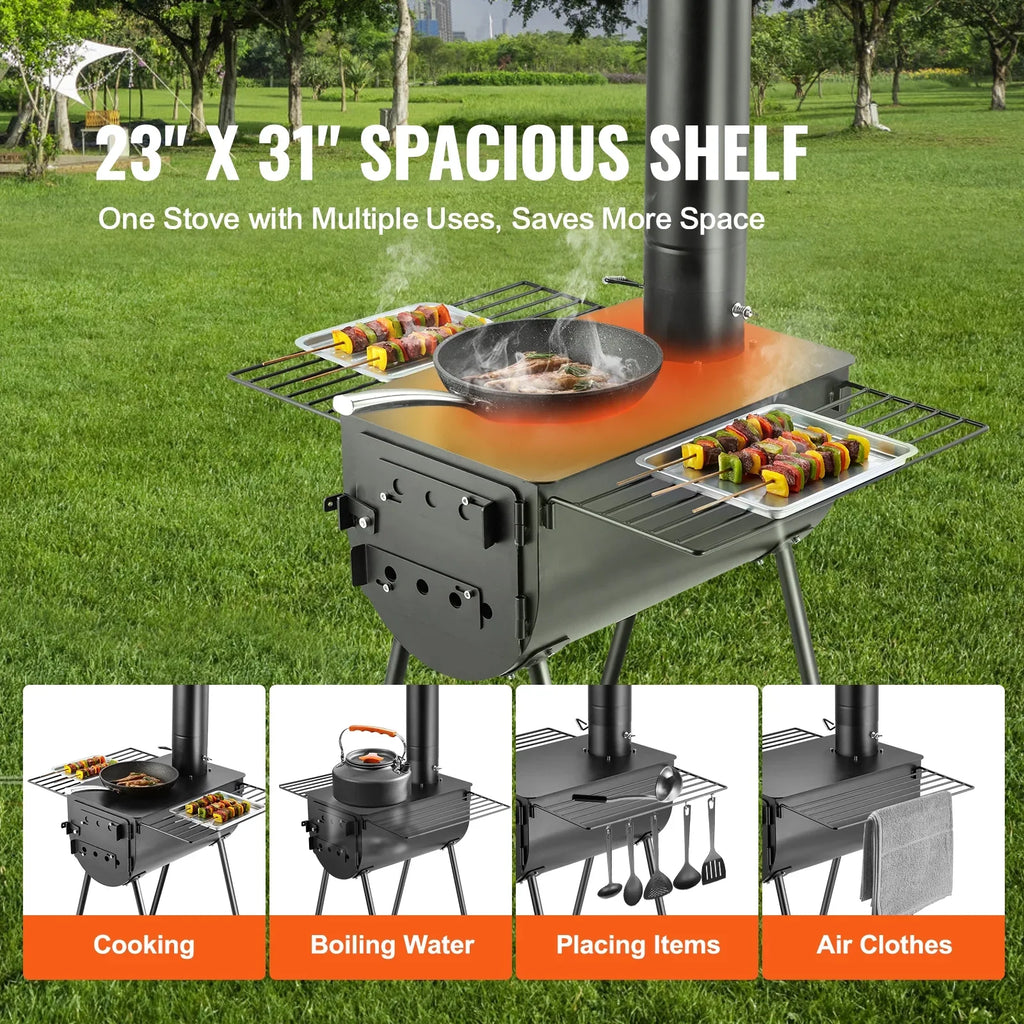 SKYSHALO Portable Wood Stove Camping Hot Tent BBQ Stove 118 in for Outdoor w/ Pipes