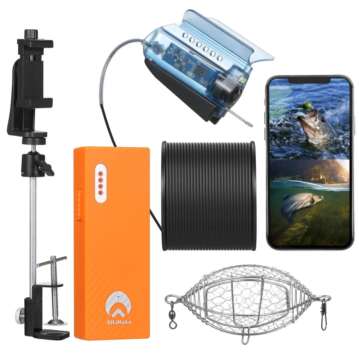 Carevas 1080P Underwater Fishing Camera with APP Control Fishing Live Video Camera Fish Finder with 50M Cable Mobile Phone Holder Bait Cage Carry Case for Ice Lake Sea vessel Kayak Fishing
