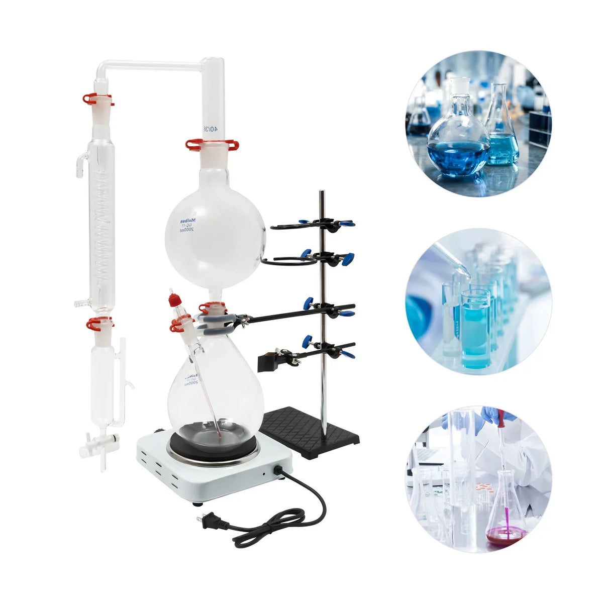 Miumaeov 2000ML Essential Oil Distillation Apparatus with Condenser + Hot Stove + Essential Oil Separator Lab Glass Distillation Kit Steam aqua Distiller Purifier