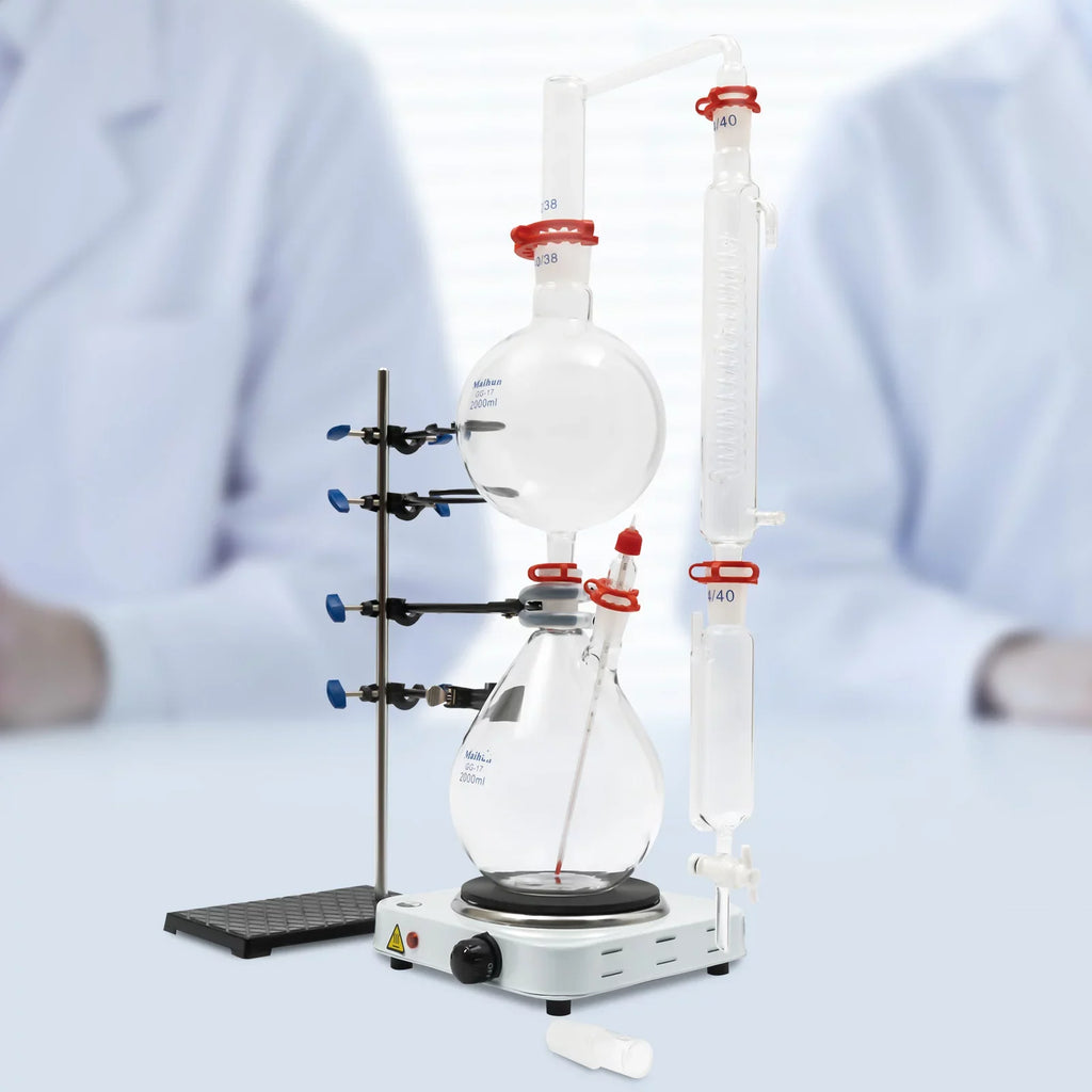 Miumaeov 2000ML Essential Oil Distillation Apparatus with Condenser + Hot Stove + Essential Oil Separator Lab Glass Distillation Kit Steam aqua Distiller Purifier