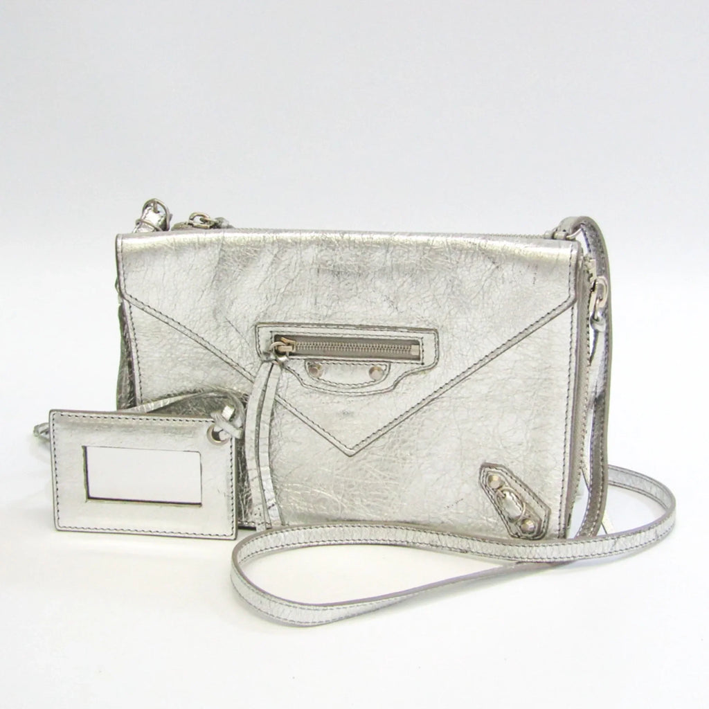 Pre-Owned Balenciaga Paper Triple XS 398815 Women's Leather Shoulder Bag Silver (Good)