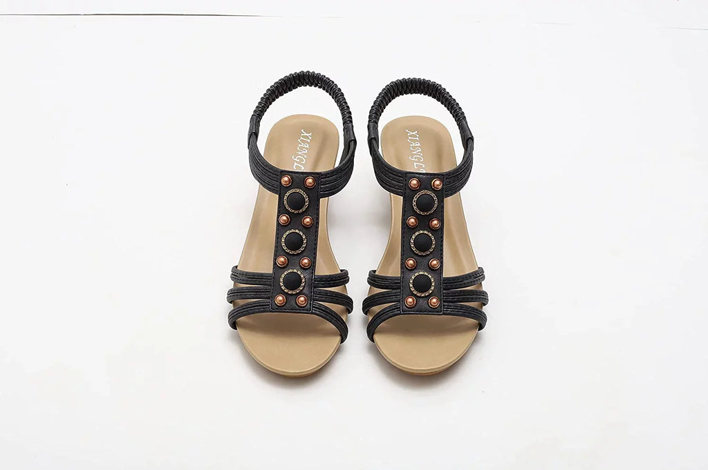 Women's Flat Sandals Summer Beach Sandal T-Strap Rhinestone Beaded Bohemia Shoes
