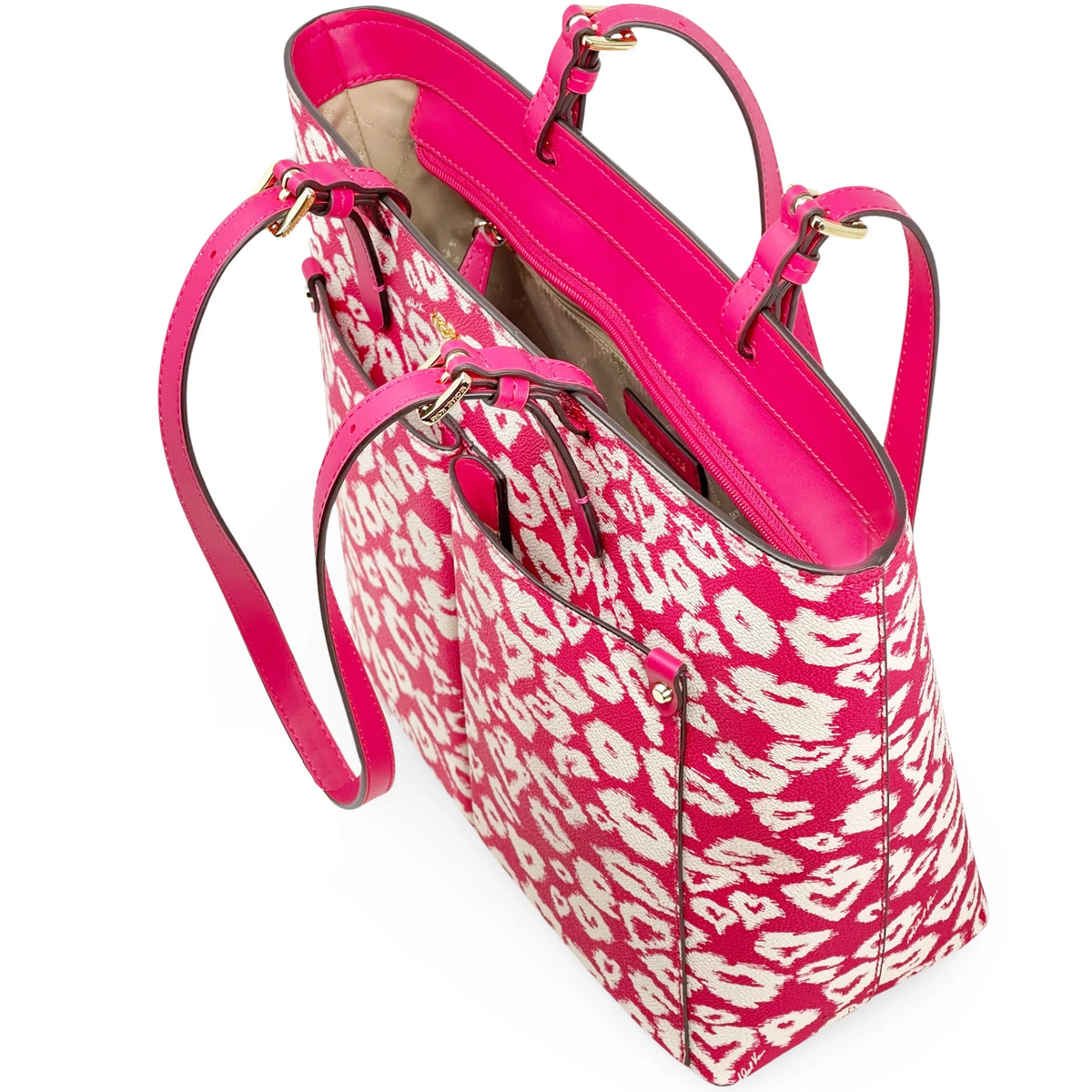 Michael Kors Women's Jet Set Travel Printed Coated Canvas Medium Double Pocket Tote (Electric Pink Multi)