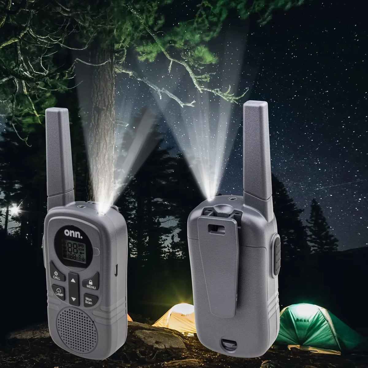 16 Miles Walkie Talkies 2 pack  with Two Way Radios, LED Light, 121 privacy Channels. Onn