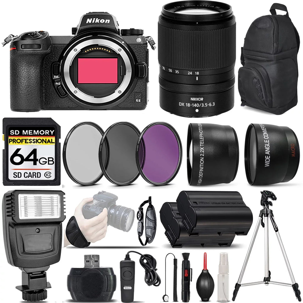 Z6 II Digital Camera +  18-140mm VR Lens + Flash + 0.43x Wide Angle Lens + 2.2x Telephoto Lens + 64GB Class 10 Memory Card + UV-CPL-FLD Filters + Wireless Remte - International Version