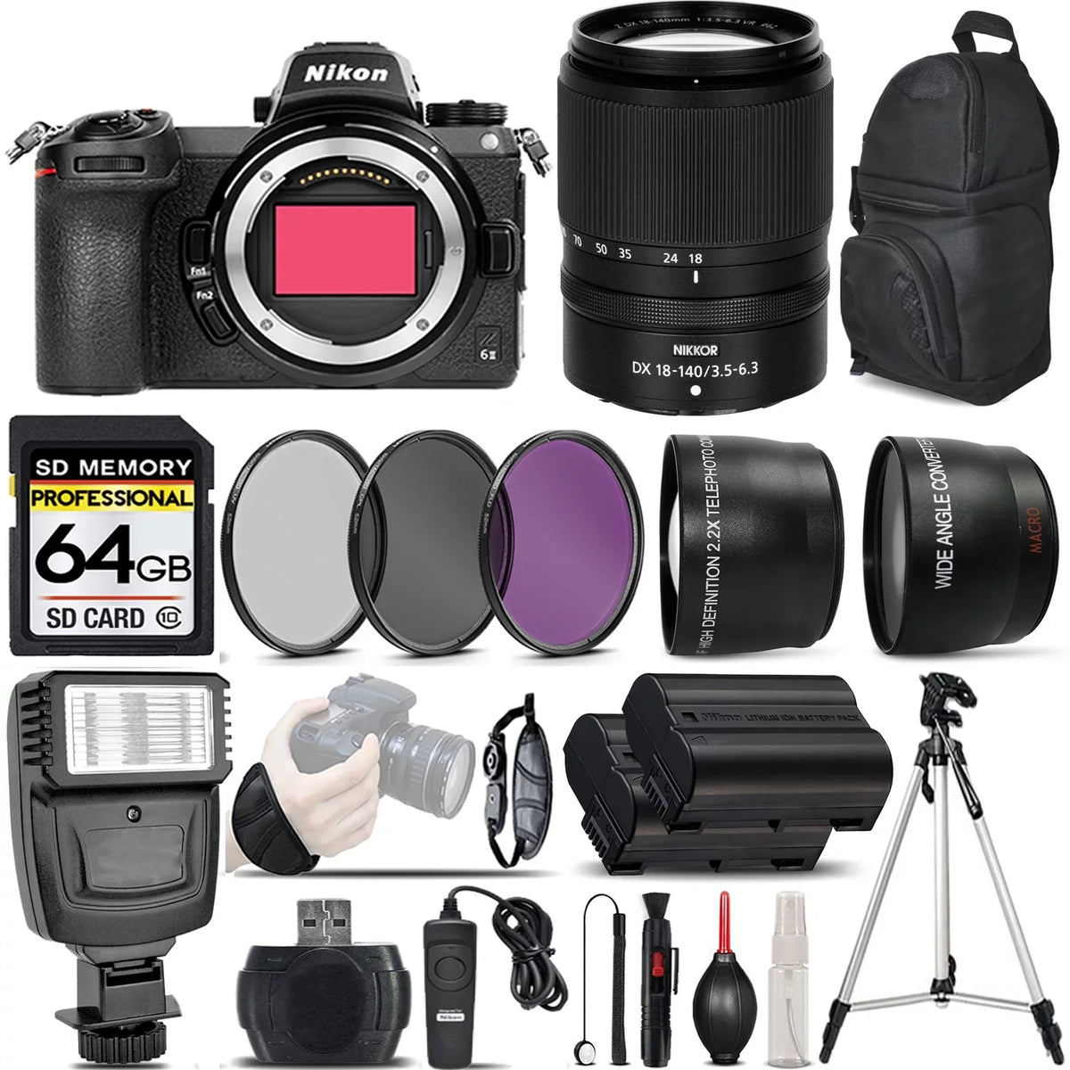 Z6 II Digital Camera +  18-140mm VR Lens + Flash + 0.43x Wide Angle Lens + 2.2x Telephoto Lens + 64GB Class 10 Memory Card + UV-CPL-FLD Filters + Wireless Remte - International Version