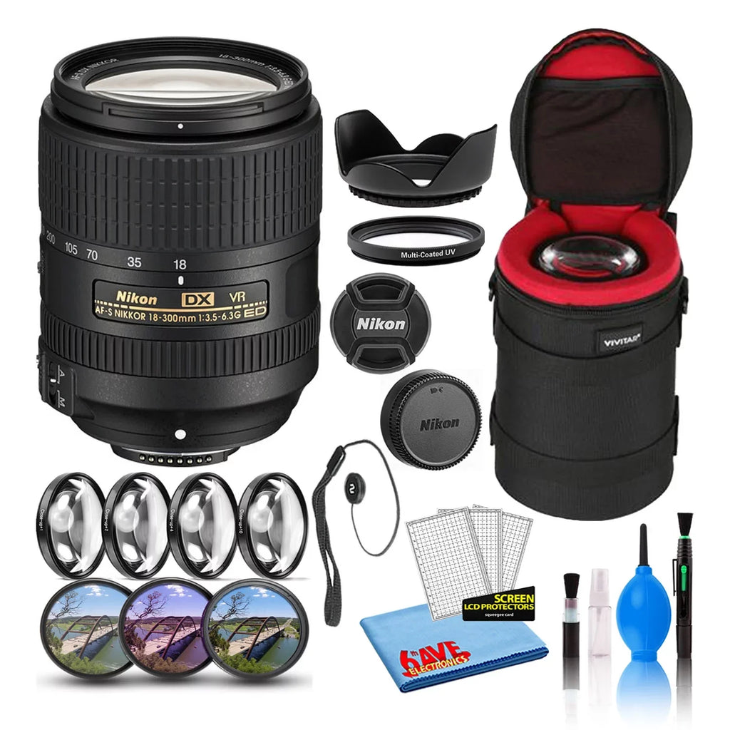 AF-S DX NIKKOR 18-300mm f/3.5-6.3G ED VR Lens (2216) Intl with Padded Lens Case + Macro Filter Kit + UV, CPL, FL Lens Filters + Tulip Hood + Lens Cap Keeper + Cleaning Kit